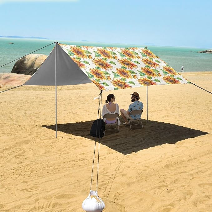 ALAZA Yellow Sunflower Watercolor Beach Tent Sun Shelter UPF50+ Protection Beach Shade Canopy w/ 4 Sandbags for Outdoor Camping Fishing Backyard Fun Picnic 10x9 ft