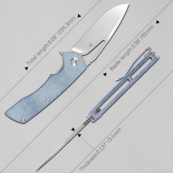 KANSEPT Kryo Pocket Knife 8.08in Folding Knives with 3.58in12C28N Steel Drop Point Blade and Blue Micarta Handle for Outdoor Tactical Survival and EDC T1001M3