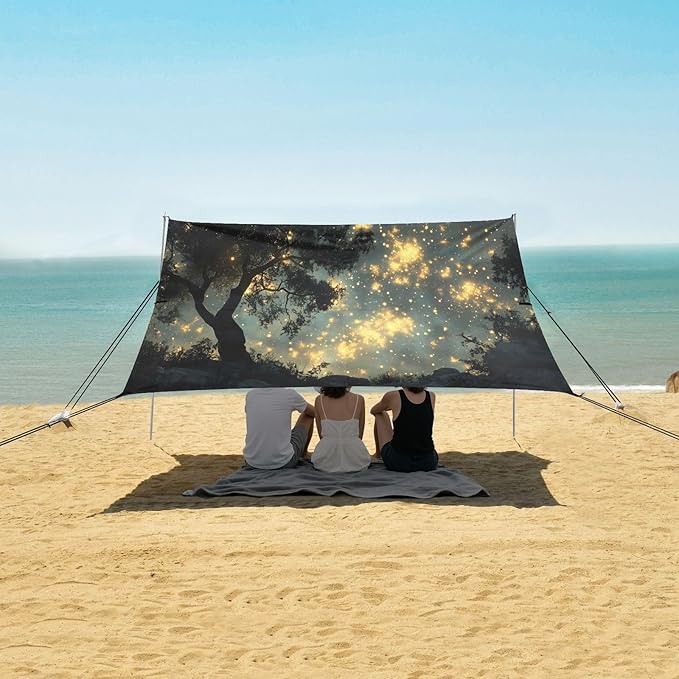 Night Sky Tree Beach Tent Sun Shelter Set UPF50+ UV Protection 10.5 x 9.19 FT Camping Shade Canopy with Sandbags Sand Anchors Carrying Bag and Others