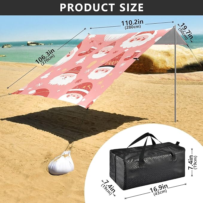 Christmas Santa Red Pastel Pink Stable Beach Tent UPF50 Waterproof Large Portable Sun Shelter with Sandbags Sand Shovel Poles for Camping Picnics Backyard &amp Fishing