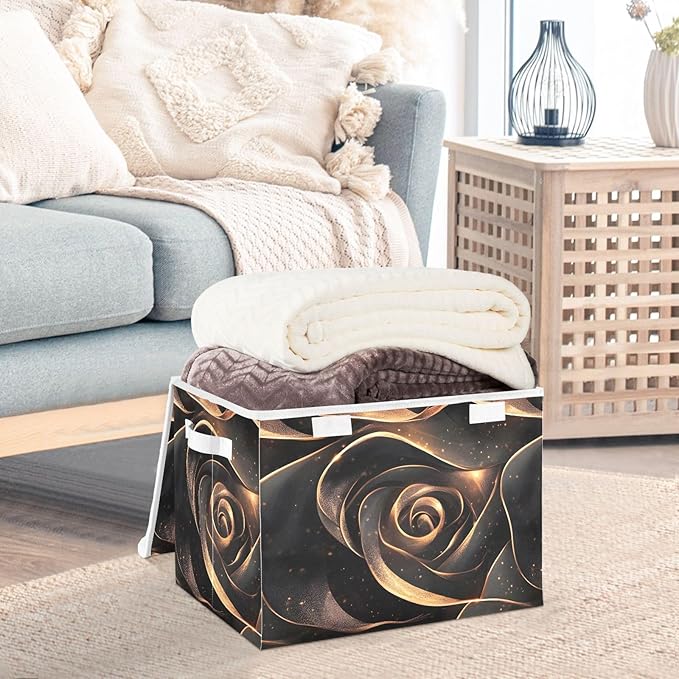 Storage Cube with Lid Luxurious Roses Print 16.5×12.6×11.8 IN Collapsible Large Capacity Foldable Storage Basket Bin Organizer