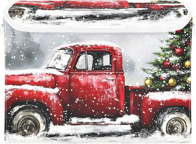 Collapsible Storage Bins Truck Christmas Tree with Lids &amp Handles Foldable Storage Boxes Basket with Flip-Top Lid for Home Office 16.5” x 12.6” x 11.8”