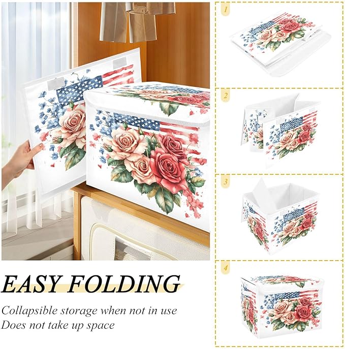 senya July Fourth Baskets Collapsible Storage Bins with Lids Roses Gypsophila Flag Storage Boxes Clothes Baskets for Organizing