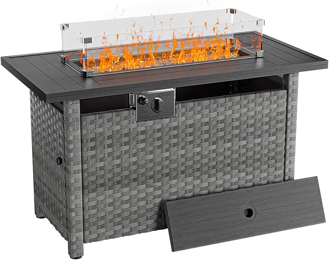 44 Fire Pit Table with Wind Guard for Outdoor Auto-Ignition Propane Gas Firepits Rattan Rectangular Table for Outside Patio 60000 BTU Gray