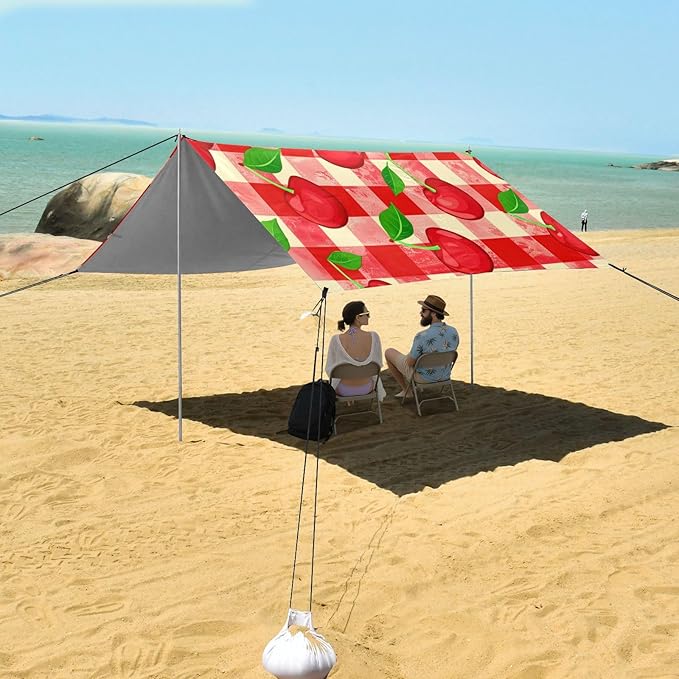 xigua Cherry Beach Tent Sun Shelter with Carrying Bag - Silver Coated Oxford Fabric Beach Canopy for Beach Camping Fishing - Includes Windproof Ropes Sandbags &amp Stakes