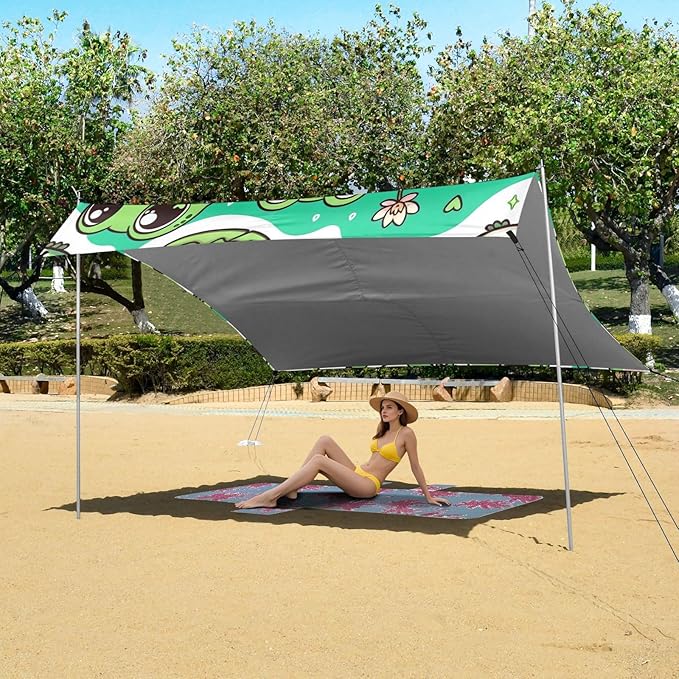 Cute Frogs Green Beach Tent Sun Shelter Set UPF50+ UV Protection 10.5 x 9.19 FT Camping Shade Canopy with Sandbags Sand Anchors Carrying Bag and Others