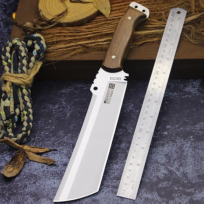WPKOPYA Fixed Blade Outdoor Knife with Leather Sheath DC53 Steel Full Tang 6.6” Sharp Blade Wooden Handle 13.6” Tactical Survival Knife for Camping Hiking Bushcraft Cooking &amp Utility Use