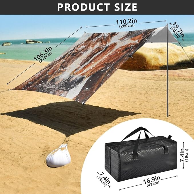 ALAZA Two Horses in Snow Beach Tent Sun Shelter Portable Canopy Sunshade for Outdoor Camping Picnics Backyard Fun 10x9 ft