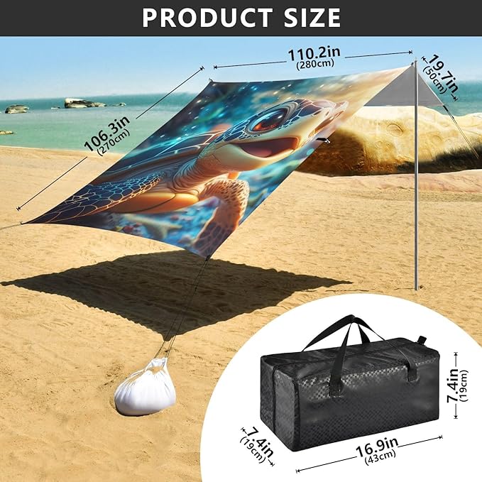 ALAZA Cute Sea Turtle with Ocean Beach Tent Sun Shelter Portable Canopy Sunshade for Outdoor Camping Picnics Backyard Fun 10x9 ft