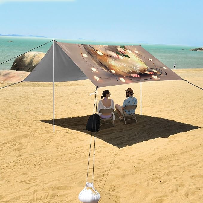 ALAZA Cute Hamster Light String Beach Tent Sun Shelter UPF50+ Protection Beach Shade Canopy w/ 4 Sandbags for Outdoor Camping Fishing Backyard Fun Picnic 10x9 ft