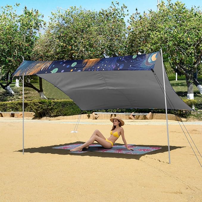 Mardi Gras Peacock Feather Mask Beach Tent Sun Shelter Set UPF50+ UV Protection 10.5 x 9.19 FT Camping Shade Canopy with Sandbags Sand Anchors Carrying Bag and Others