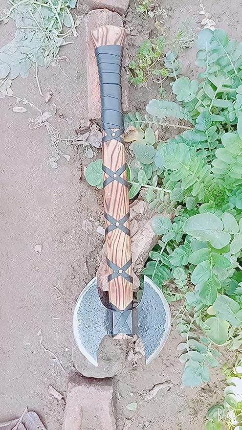 AXE013AM FS Crafts 24.00 Custom Handmade Double Blade Viking Axe Hand Forged Carbon Steel Hunting Axe Hatchet with Leather Sheath Gorgeous Wood Handle Outdoors Fishing Camping Knife