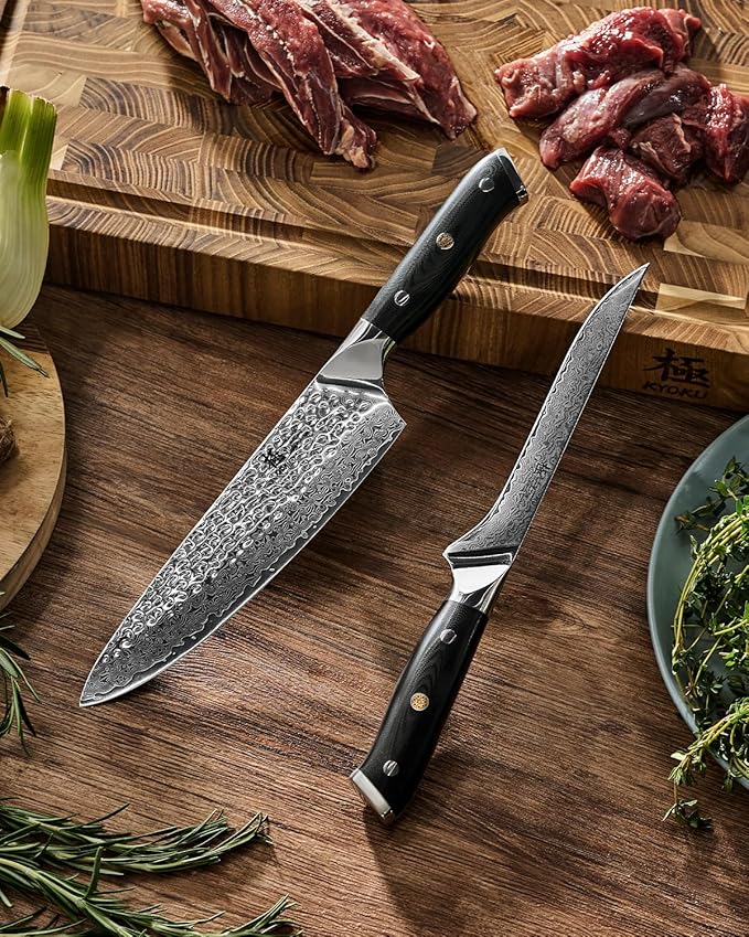KYOKU Knife Set Shogun Gin Series 2pc Japanese Style Kitchen Knife Set 7 Boning 8 Chef Knife with Silver Ion Blade Sheath Gift Box Sharp Damascus Stainless Steel Knives for Meat Vegetable