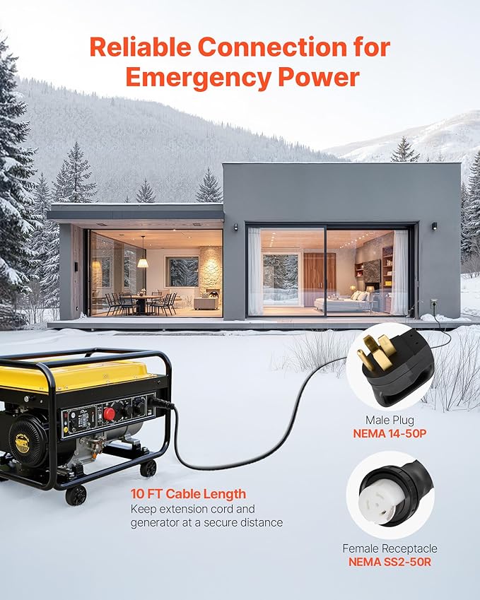 VEVOR 50 Amp Generator Cord and Power Inlet Box 10FT 125V/250V STW 6/3 + 8/1 AWG Extension Power Cord NEMA 14-50P to SS2-50R Twist Lock Connector Inlet Box Kit for Generator to House ETL Listed