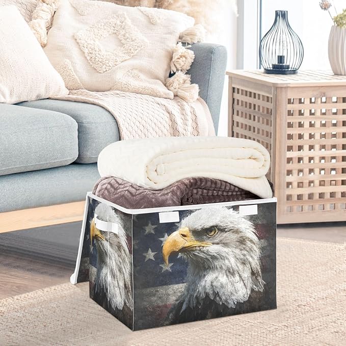 Usa Flag Eagles 4th July Storage Box with Lid 1 PC Foldable Storage Bin with Lids Stackable Storage Bins Cube Closet Organizer Basket with Flip-Top Lid &amp Handles for Shoes Books Towels