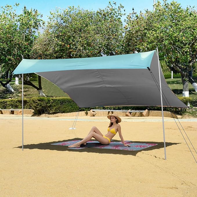 xigua Cowboys Beach Tent Sun Shelter with Carrying Bag - Silver Coated Oxford Fabric Beach Canopy for Beach Camping Fishing - Includes Windproof Ropes Sandbags &amp Stakes
