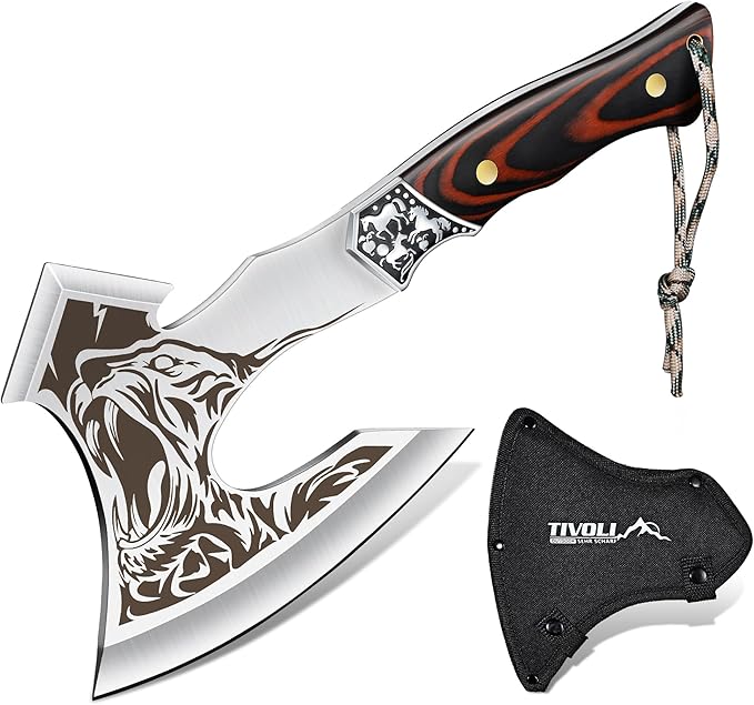 TIVOLI Camping Axe Tiger - Patterned Survival Hatchet with Nylon Sheath High Carbon Steel Blade Compact Outdoor Bushcraft Axe with Ergonomic Wood Grip Camping Gear for Hiking Chopping Hunting
