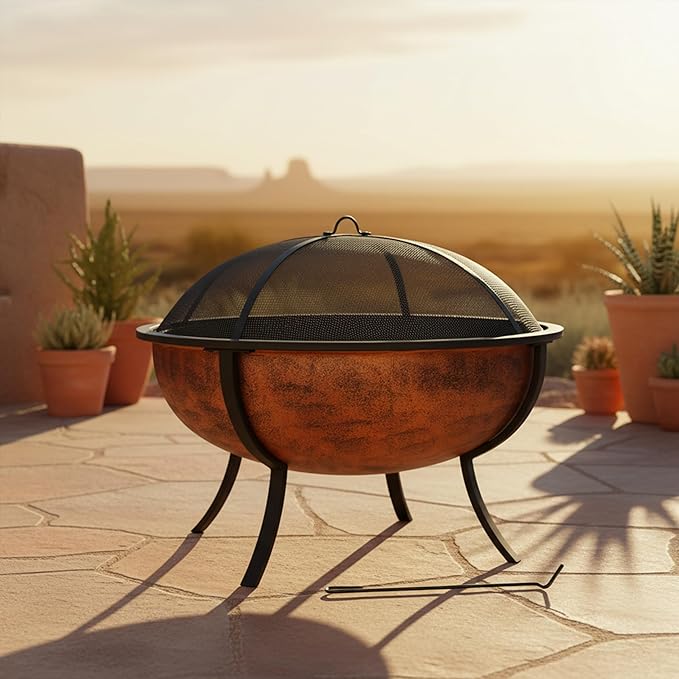 Sunnydaze 32-Inch Copper Fire Pit for Outside - Wood-Burning Fire Pit Bowl with Spark Screen Wood Grate and Poker
