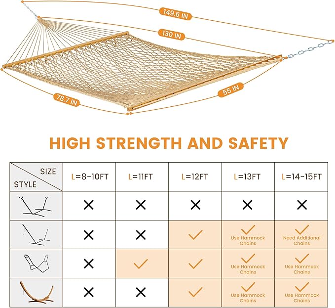 Lazy Daze Hammocks Double Rope Hammock 2 Person Traditional Outdoor Hand Woven Cotton Rope Hammock with Spreader Bar Carabiners Tree Straps Chains for Patio Yard - Max 450 Lbs Tan