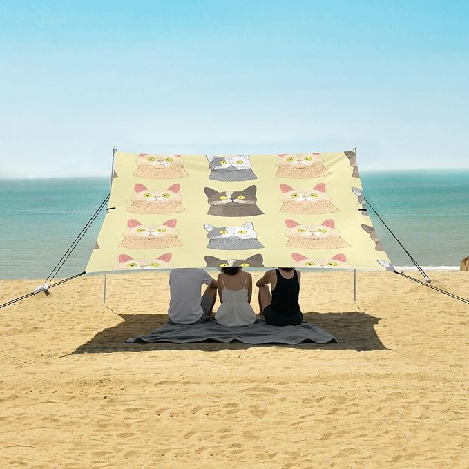 Beach Canopy with Windproof Ropes &amp Sandbags Beach Tent Sun Shade Sun Shelter for Camping Trips Fishing Backyard Fun or Picnics Cat