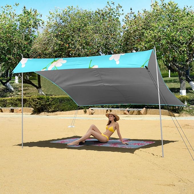 Beach Canopy with Windproof Ropes &amp Sandbags Beach Tent Sun Shade Sun Shelter for Camping Trips Fishing Backyard Fun or Picnics Flowers