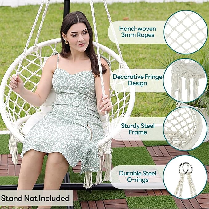 Hanging Swinging Chair Macrame Hammock Hanging Swinging Chairs with Soft Cushions and Hardware Accessories Hanging Chair for Indoor and Outdoor Use 3 Installation Methods Beige (1 Beige)