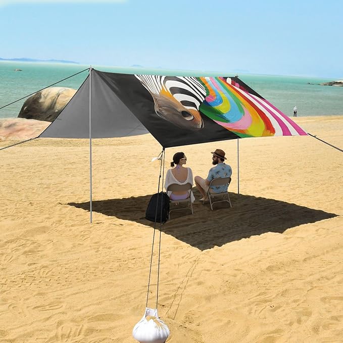 ALAZA Colorful Stripes Zebra Beach Tent Sun Shelter Portable Canopy Sunshade for Outdoor Camping Picnics Backyard Fun 10x9 ft