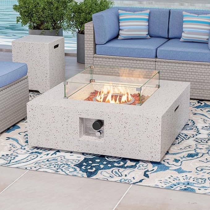 COSIEST 35-inch Square Outdoor Sandstone Propane Fire Pit w Wind Guard and Side Table Certified 50000 BTU Stainless Steel Burner Free Lava Rocks and Rain Cover Metal Lid(Beige)