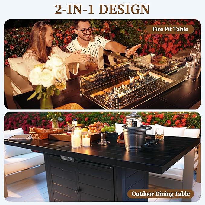 PIZZELLO 60 Inch Propane Firepit Table - Outdoor Rectangular Aluminum Fire Table w/Wind Guard - 50000 BTU Gas Fire Pit with Glass Beads and Waterproof Cover