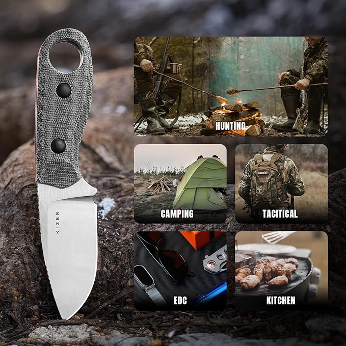 Kizer Beaver Fixed Blade Knife with Sheath 2.75 Nitro-V Steel Blade EDC Camping Knife with Black Micarta and Orange G10 Handle Small Bushcraft Survival Hunting Knives for Men Women 1078A2