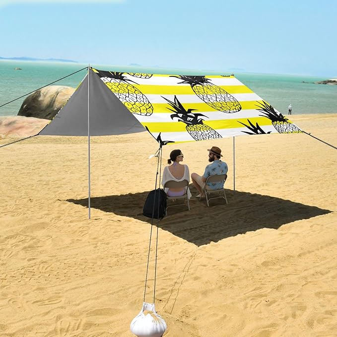 Beach Canopy with Windproof Ropes &amp Sandbags Beach Tent Sun Shade Sun Shelter for Camping Trips Fishing Backyard Fun or Picnics Pineapple