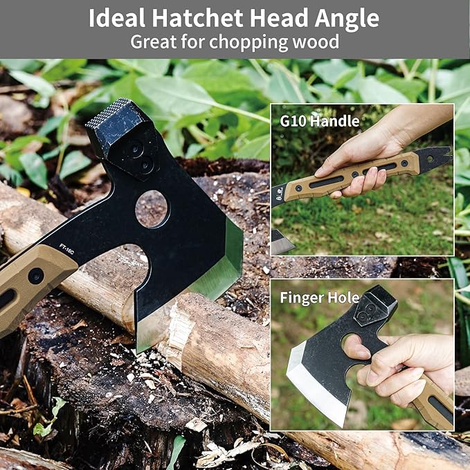 HX OUTDOORS Multifunctional Splitting Axe Full Tang Survival Camping Tactical Wood HatchetCamp Bushcraft Hand Axes with Hammer and Nail Puller (Brown)