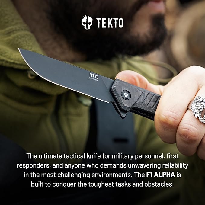 TEKTO KNIVES F1 Alpha Folding Pocket Knife - Modified Straight Back Blade Titanium Coated D2 Steel Ideal for Outdoor Camping &amp BackpackingTactical Forged Carbon Fiber Handle Blue Titanium Acce
