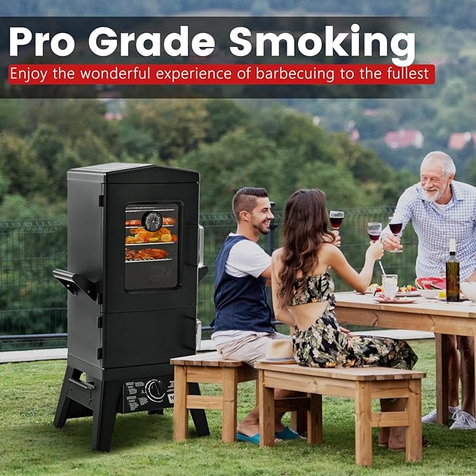 Propane SmokerVertical Outdoor Smoker with Cover and Temperature Control KnobHeavy Duty View Window Gas Smoker for Outdoor Cooking Patio Garden Barbecue