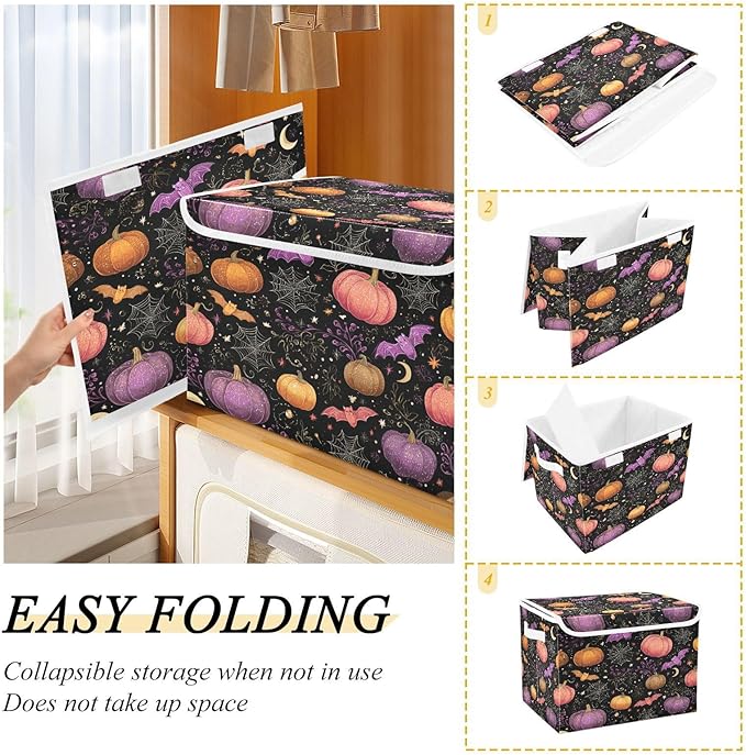 Black Pumpkins Stars Bats Collapsible Storage Bins with Lids Decorative Fabric Cubes Closet Organizer Basket Boxes Containers for Clothes Box Chest Foldin