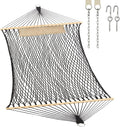 JoyView Traditional Rope Double Hammock - Hand Woven Cotton Hammock with Hardwood Spreader Bar and Pillow 450lb Capacity for Outdoor Indoor Patio Yard - Black