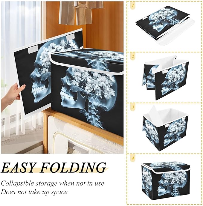 Storage Cube with Lid Skull with Flower Print 16.5×12.6×11.8 IN Collapsible Large Capacity Foldable Storage Basket Bin Organizer