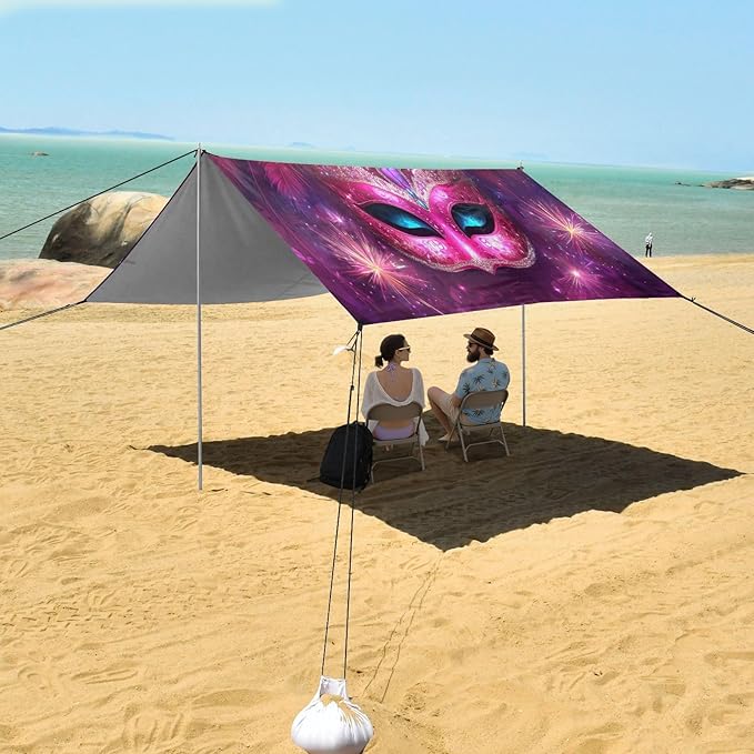 Carnival Masquerade Mask Mardi Gras Beach Tent Sun Shelter Set UPF50+ UV Protection 10.5 x 9.19 FT Camping Shade Canopy with Sandbags Sand Anchors Carrying Bag and Others