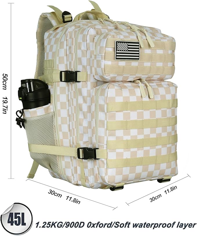 Lovelinks21 45L Tactical Assault Backpack 3 day assault pack with Molle Waterproof backpack Rucksack for Tactical Backpacks (Beige Plaid)