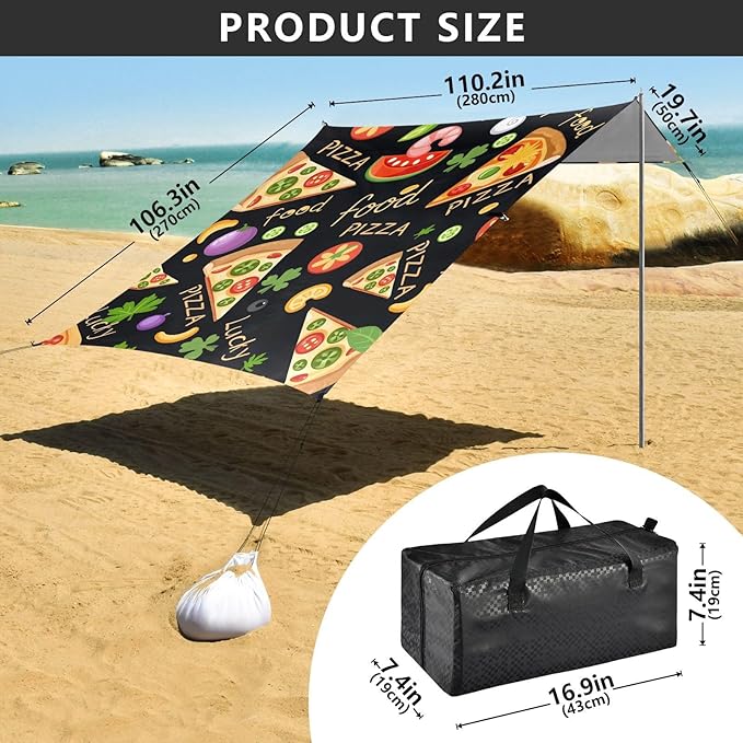ALAZA Pizza Vegetables Pattern Beach Tent Sun Shelter Portable Canopy Sunshade for Outdoor Camping Picnics Backyard Fun 10x9 ft