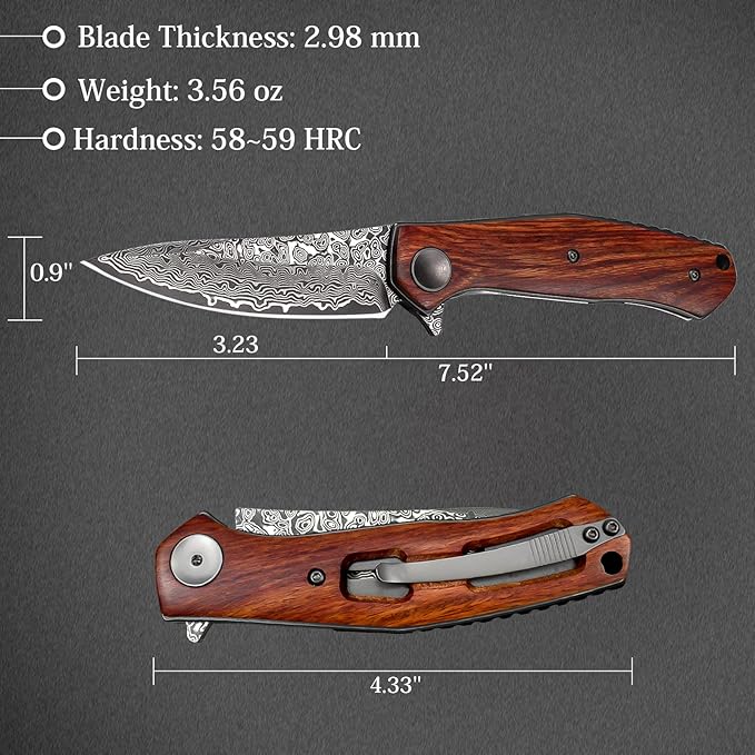 AUBEY Damascus Pocket Knife with Wooden Handle for EDC Camping Collection