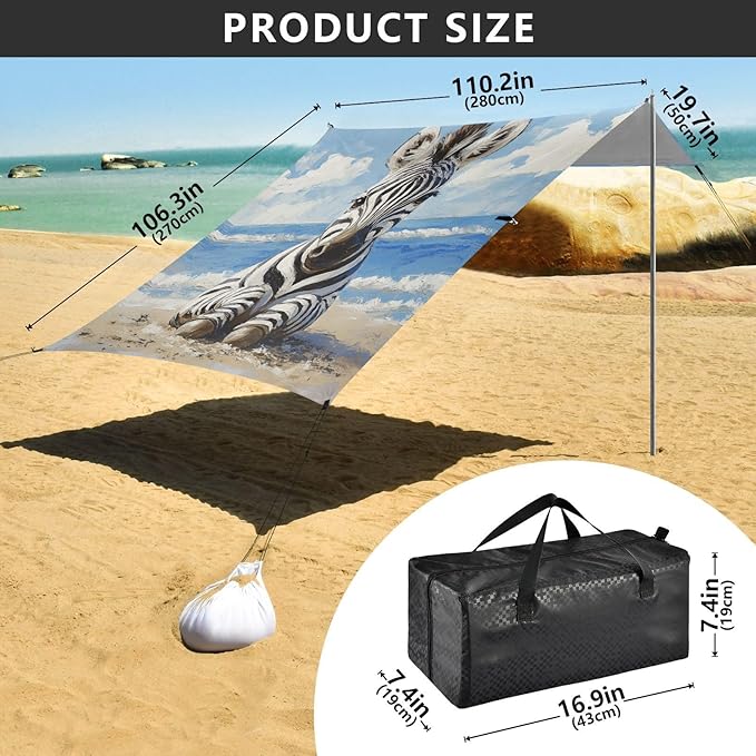 ALAZA Cute Zebra on The Beach Beach Tent Sun Shelter Portable Canopy Sunshade for Outdoor Camping Picnics Backyard Fun 10x9 ft
