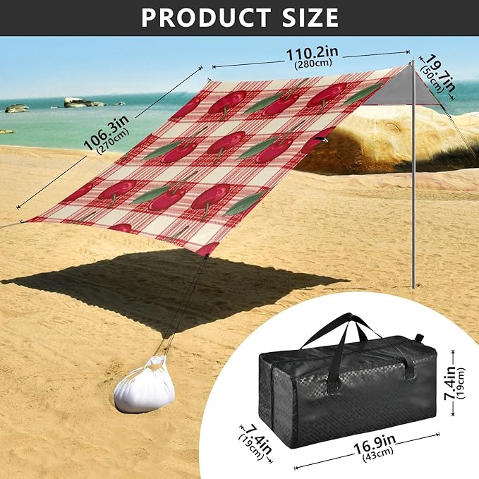 xigua Cherry Beach Tent Sun Shelter with Carrying Bag - Silver Coated Oxford Fabric Beach Canopy for Beach Camping Fishing - Includes Windproof Ropes Sandbags &amp Stakes