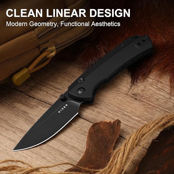 Kizer T1 BD EDC Pocket Knife 3.2 D2 Steel Drop Point Folding Knives with Black G10 Handle Thumb Stud Opener Button Liner Lock for Camping Hiking Fishing V3490.2BM1