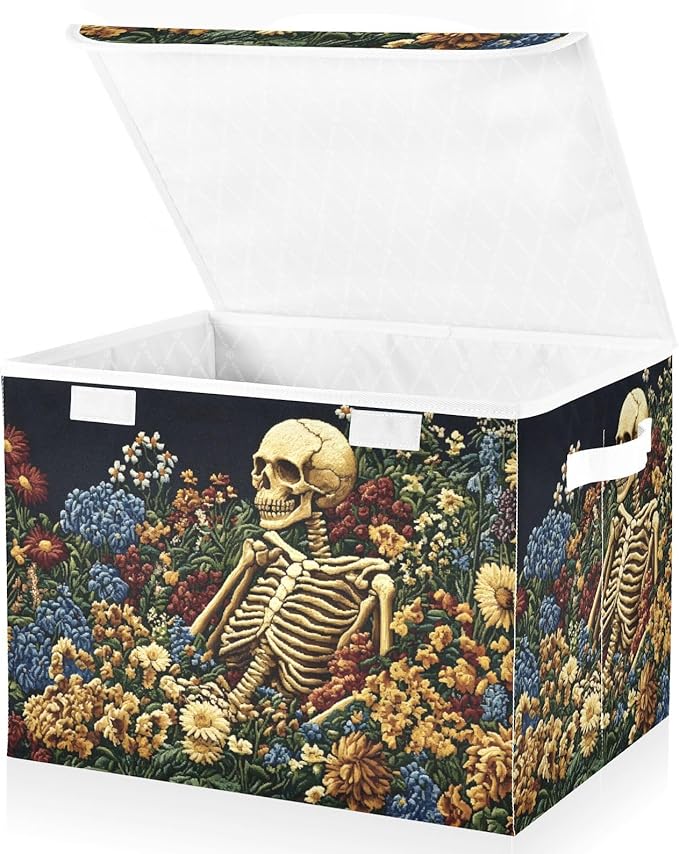 Storage Cube with Lid Art Skull Floral Print 16.5×12.6×11.8 IN Collapsible Large Capacity Foldable Storage Basket Bin Organizer