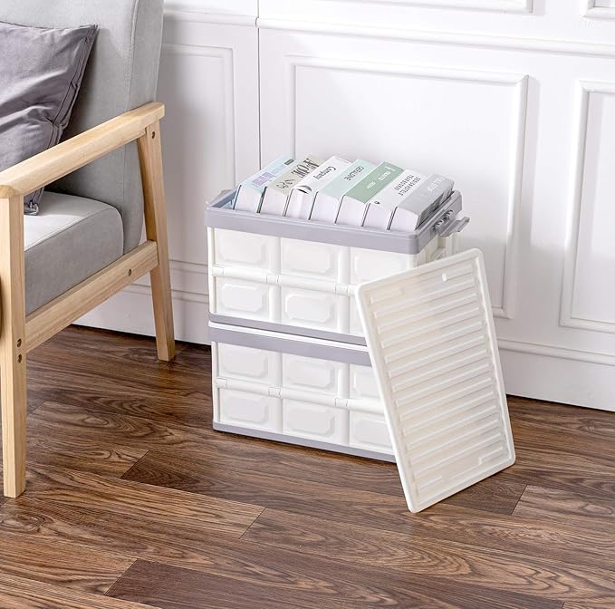 Collapsible Storage Bins with Lids 30L Folding Plastic Stackable Utility Crates 2-Pack Durable Containers for Home &amp Garage Organization - Oyster White
