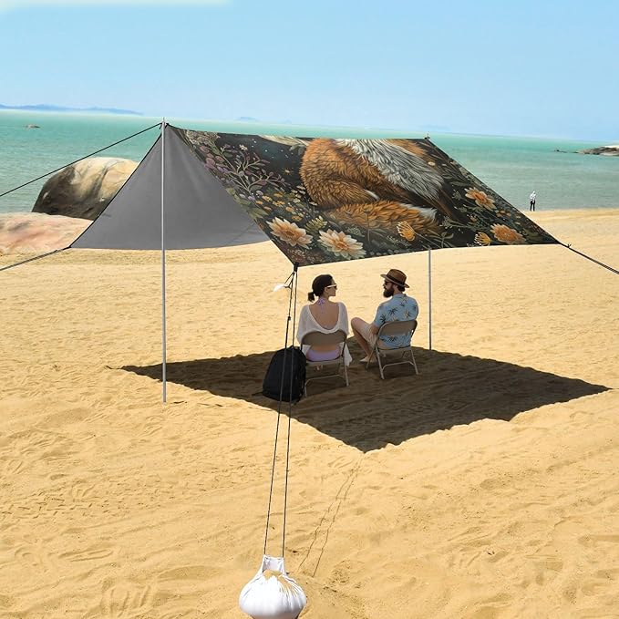 ALAZA Fox Moon Flower Beach Tent Sun Shelter Portable Canopy Sunshade for Outdoor Camping Picnics Backyard Fun 10x9 ft