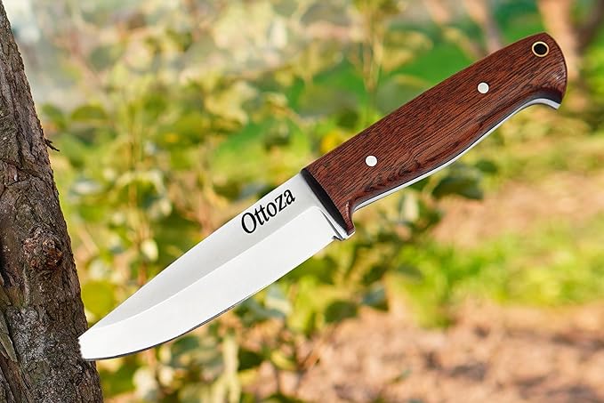 Ottoza Full Tang Bushcraft Knife with 1095 Carbon Steel Fixed Blade - Survival and Outdoor Camping Knife - Ballad Wood Handle Brown Leather Sheath 404