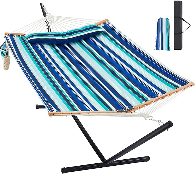 Homgava Two Person Hammock with Stand for Outside Heavy Duty Outdoor Patio Hammock with Portable Steel Stand Large Double Hammocks480lbs Capacity.(Blue Stripes)