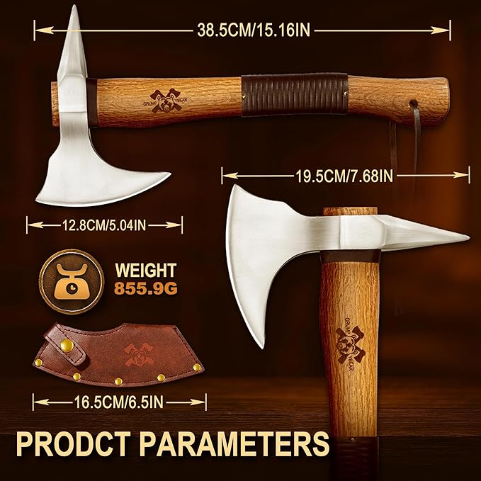 Grumpy Bear 15 Survival Axe Camping Hatchet – Forged High Carbon Steel Blade with Walnut Wood Handle – Anti-Slip Grip – Ideal for Bushcraft Wood Splitting &amp Outdoor Adventures Sliver
